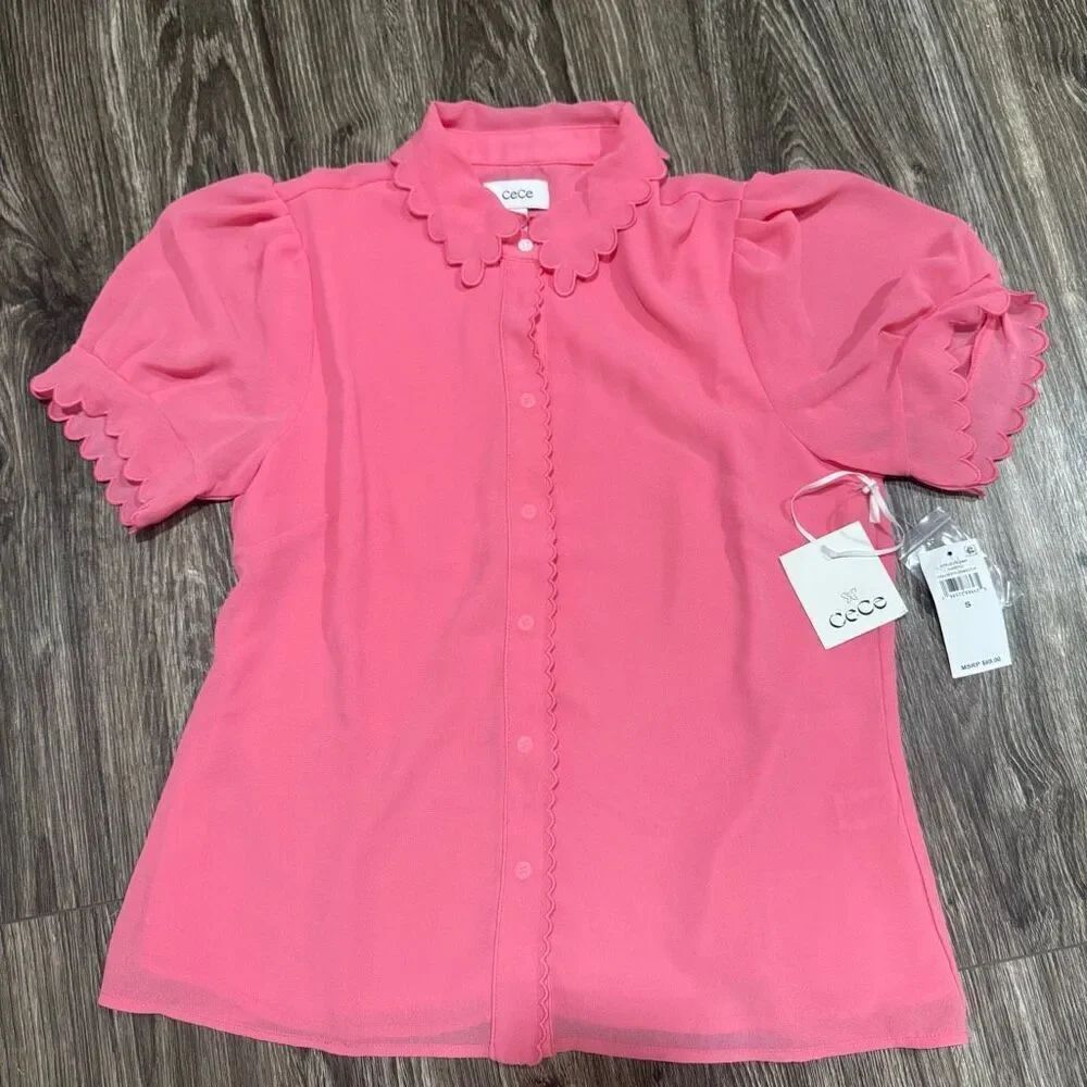 New CeCe Scalloped Button Front Blouse